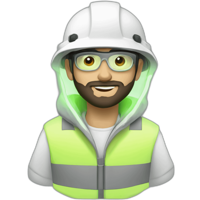 A young electrical engineer with a light black beard, a white helmet and a phosphorescent protection jacket emoji