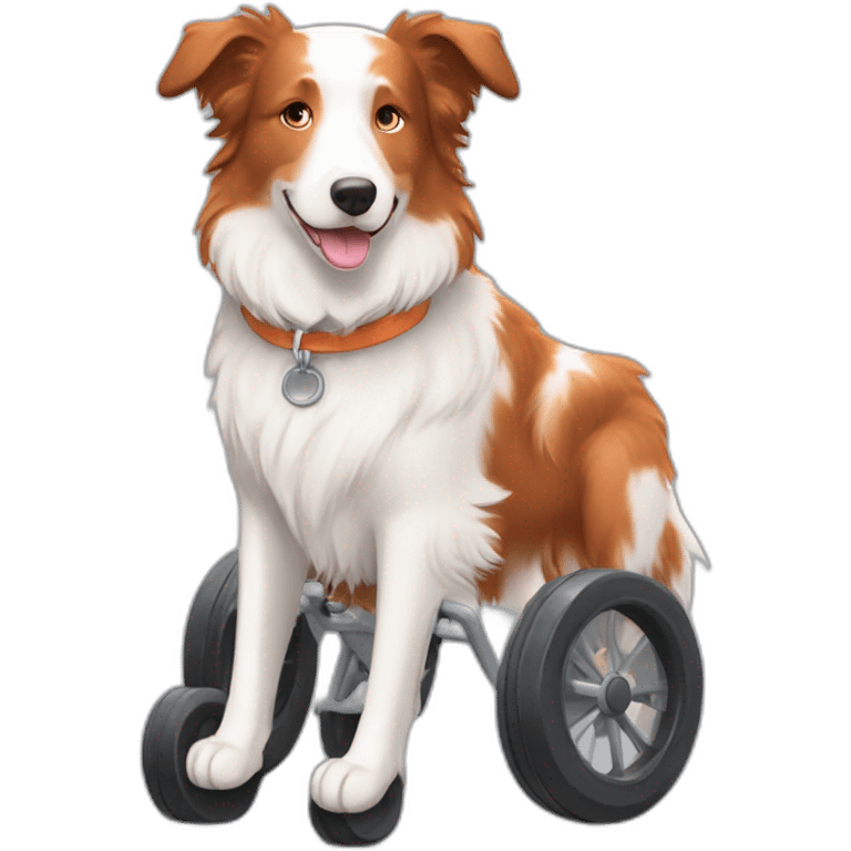 white and lighr brown speckled face red merle border collie in orange wheel chair emoji