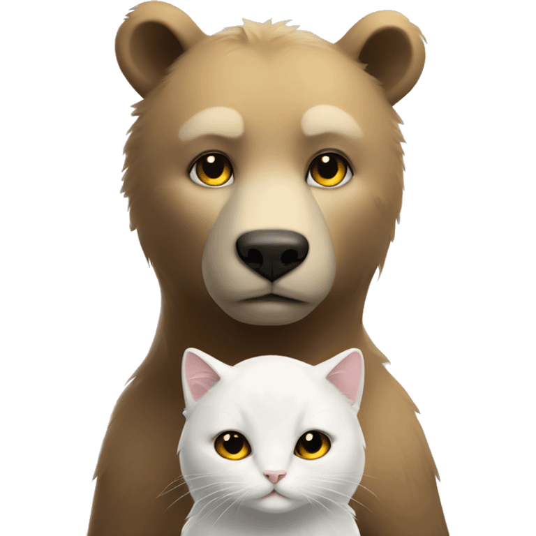 A bear cub with a white cat who has black ears and block heart on the forehead with golden eyes emoji