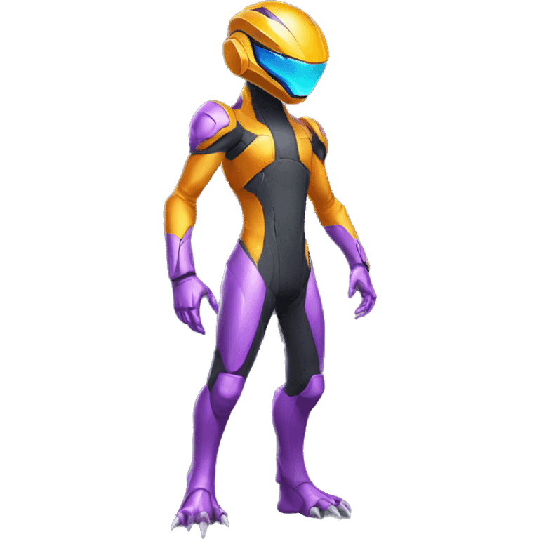 A Lizard-Reptile-Raptor-Alien-Genesect-Mewtwo-Fakémon, with a futuristic visor-helmet, wearing a techwear-suit, Full Body emoji