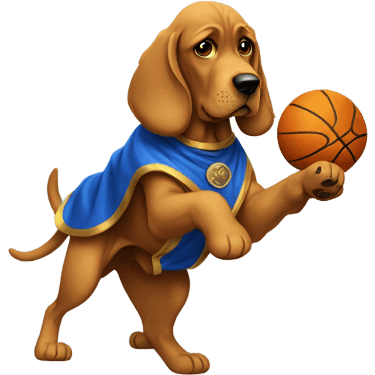 A bloodhound with a blue and Gold cape spinning a basketball on its paw! emoji