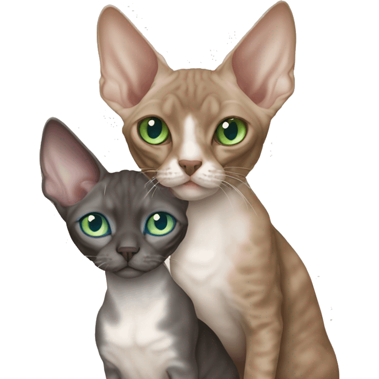 Brown Devon Rex with green eyes cuddling grey Devon Rex with blue eyes emoji