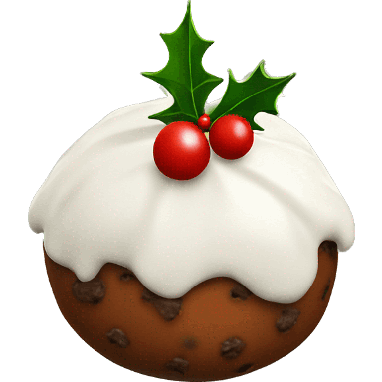 Christmas pudding with white icing and a sprig of holly emoji