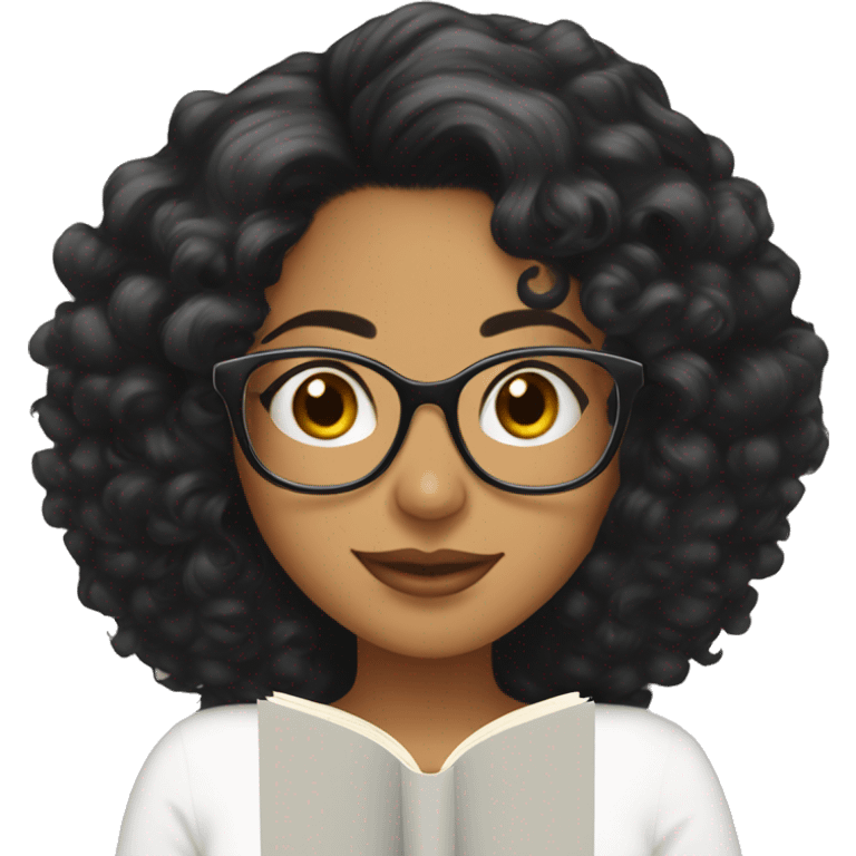 Latina woman with curly black hair wearing clear framed glasses reading a book  emoji