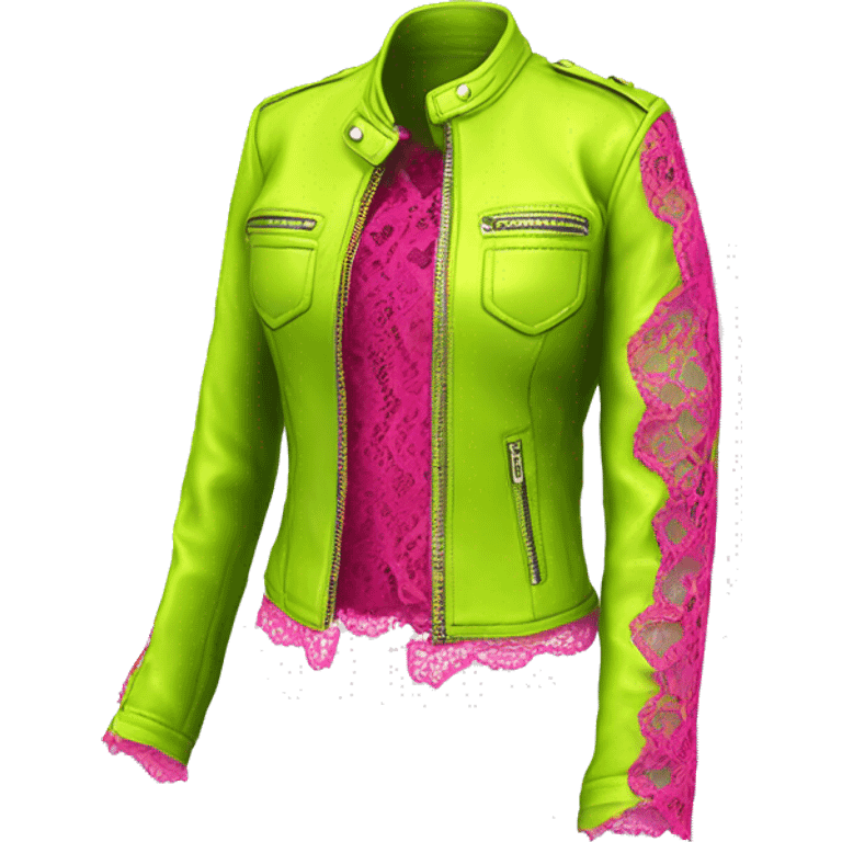 Realistic isolated side view of an open lime green fashion leather jacket with hot pink lace. emoji