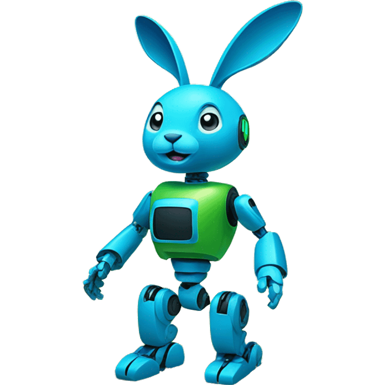 The blue and green robot rabbit standing in a meadow or forest, blending technology with nature emoji