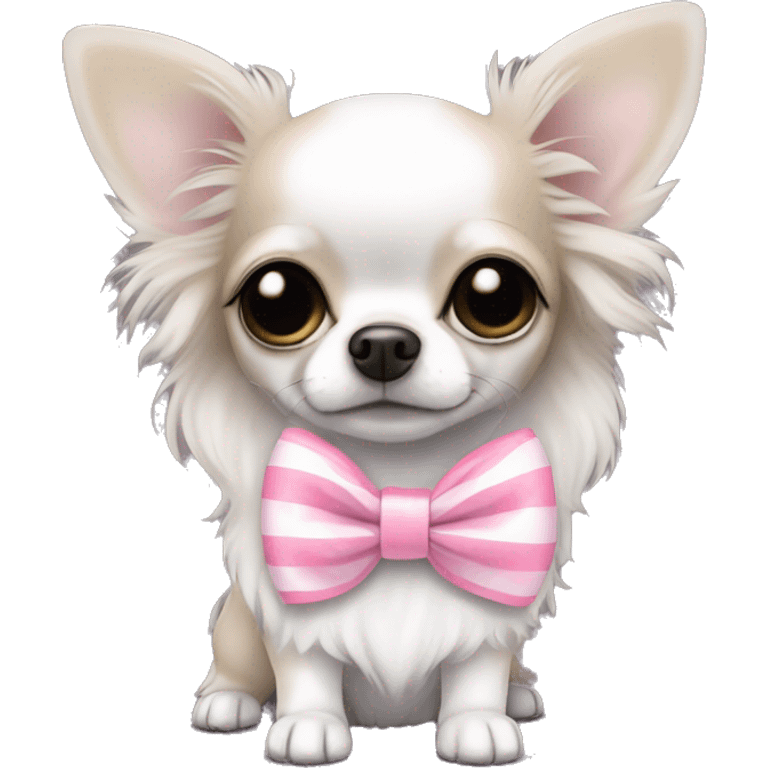 cute black with white long haired chihuahua with white stripe on forhead a cute pink bow emoji