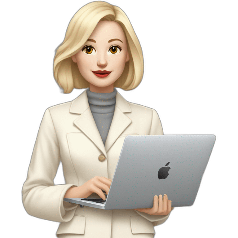 pale skin woman with ash blonde Straightened bob Hair, White Spacious classical jacket, beige palazzo Arrow pants and gray blouse holding a MacBook in the hands emoji