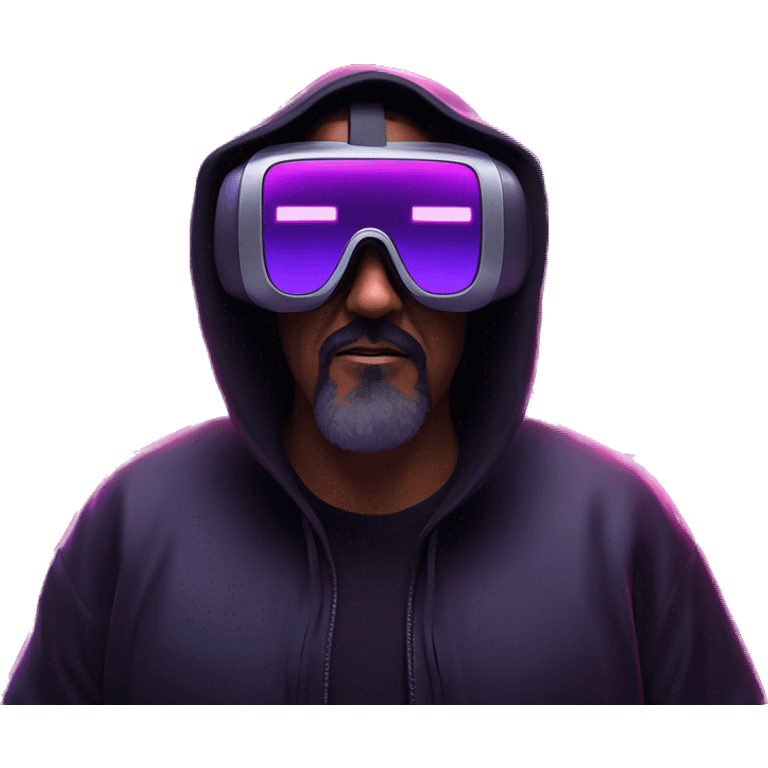 Big Lebowski wearing a black hoodie with "OMG" letters on it and VR headset oculus quest 2 in a cyberpunk VR environment with violet neon lighting. emoji