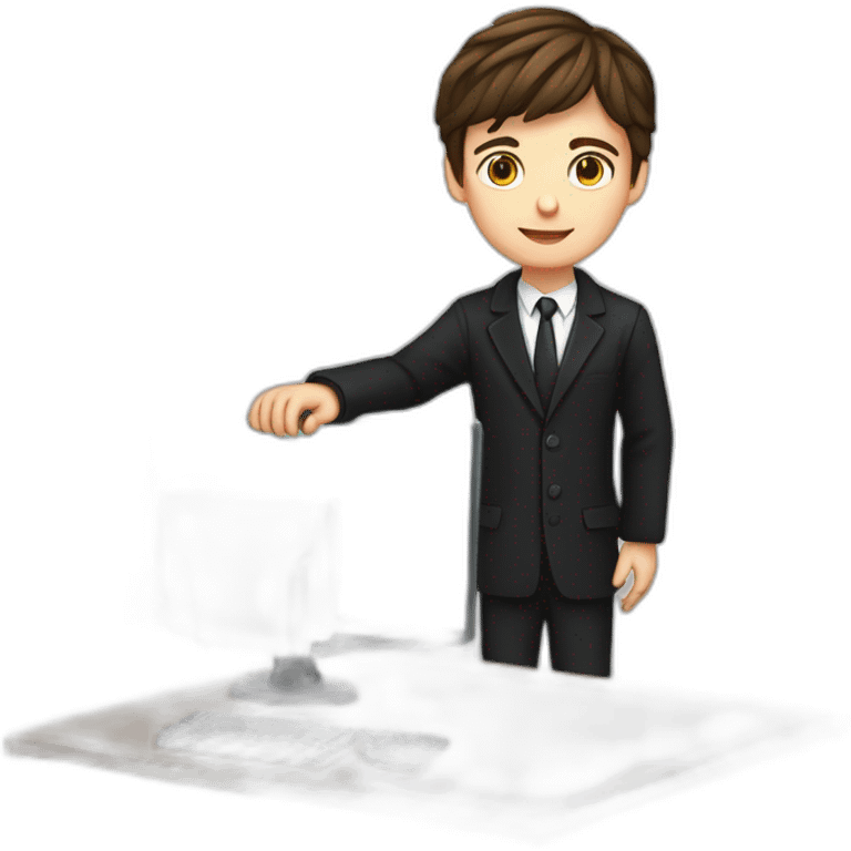 Pc in hands, works on pc, Blue eyes, Classy programmer, 13 years old, coat, formal outfit, pc in hands, brunette boy, uses pc stays on pc, black coat, has pc in hands, all body see emoji