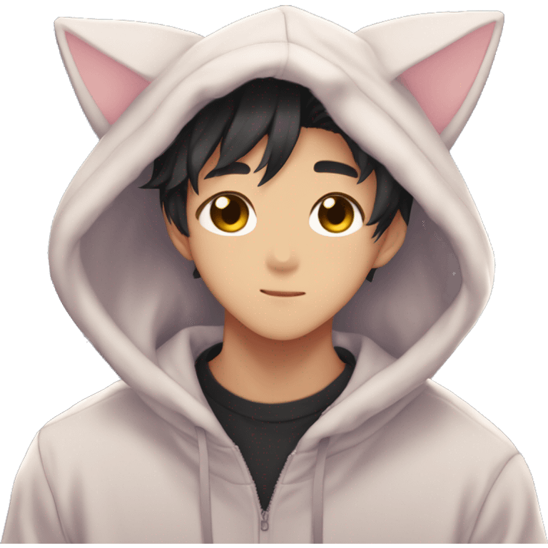 Gorgeous romantic anime style Asian shojo guy with cat ears and blushing face and hoodie aesthetic trending style outside emoji