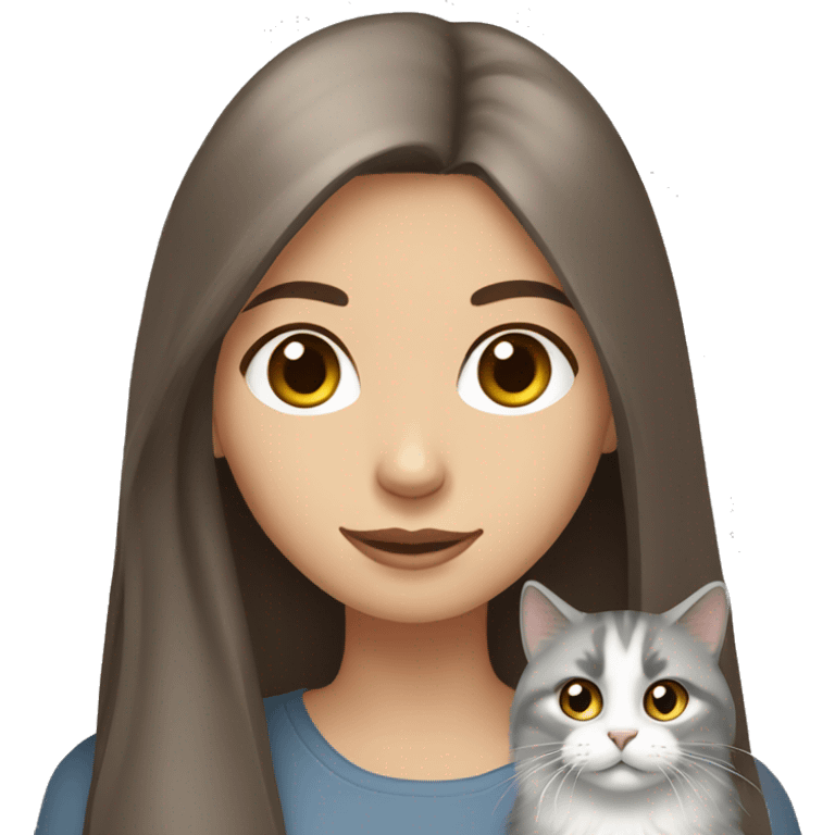 Brown straight hair girl with gray eyes holding fluffy Siberian gray cat  emoji