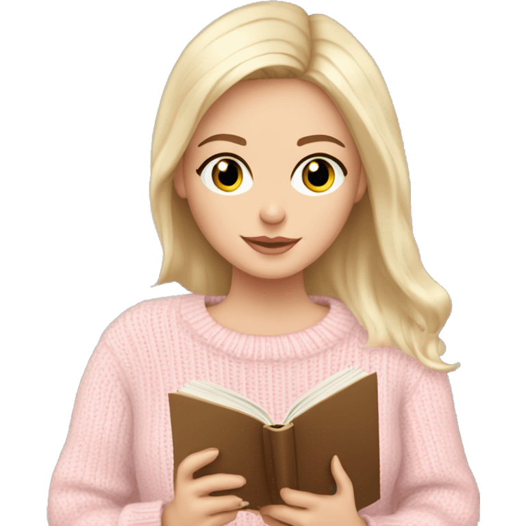 Pretty blue eyed white girl with light pink sweater reading cozy emoji