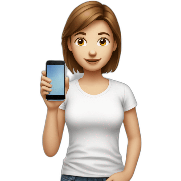 young fair brown hair girl with smartphone and white T-shirt emoji