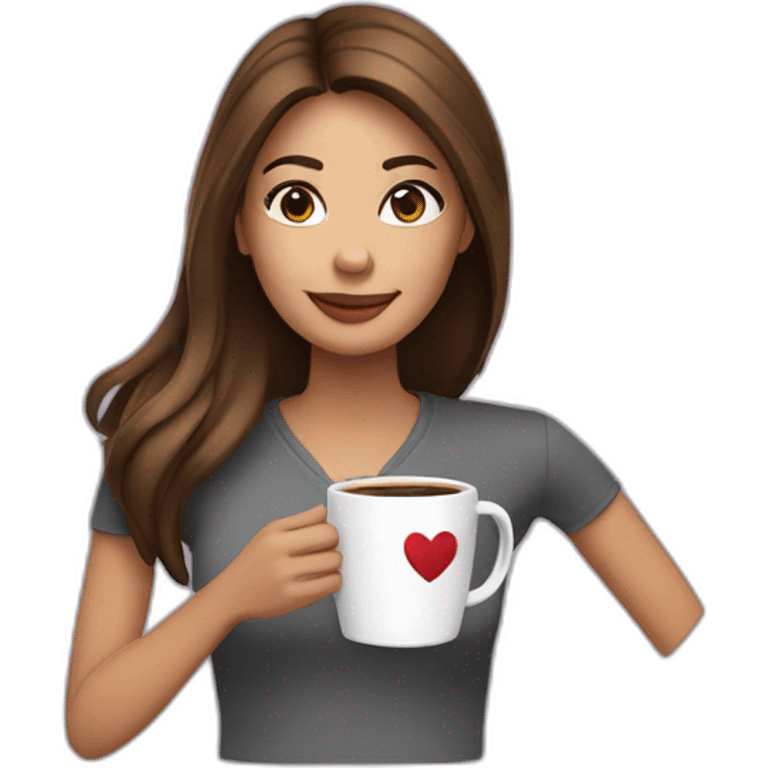 a woman with brown medium long straight length hair parted on side holding a coffee cup with a heart  emoji