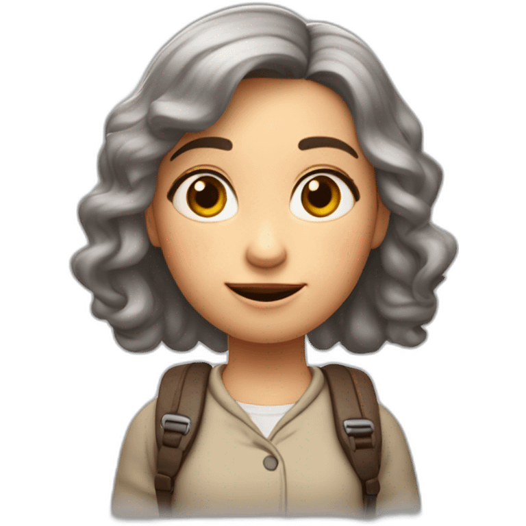 Estilo pixar, niña de ocho años de edad, de pelo rubio liso con las puntas rizadas, ojos marrones, con una mochila del colegio emoji