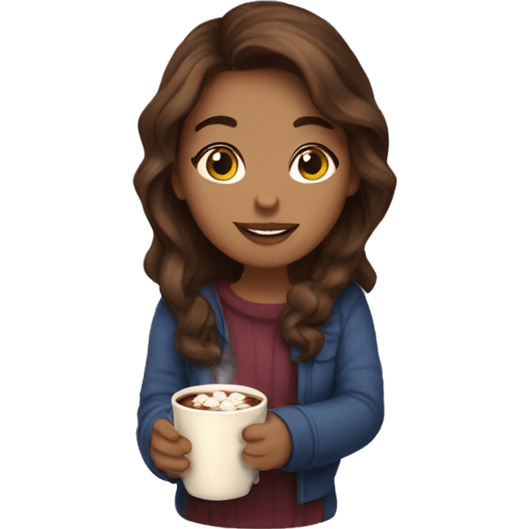 Girl long, wavy & brown haired drinking hot cocoa  emoji