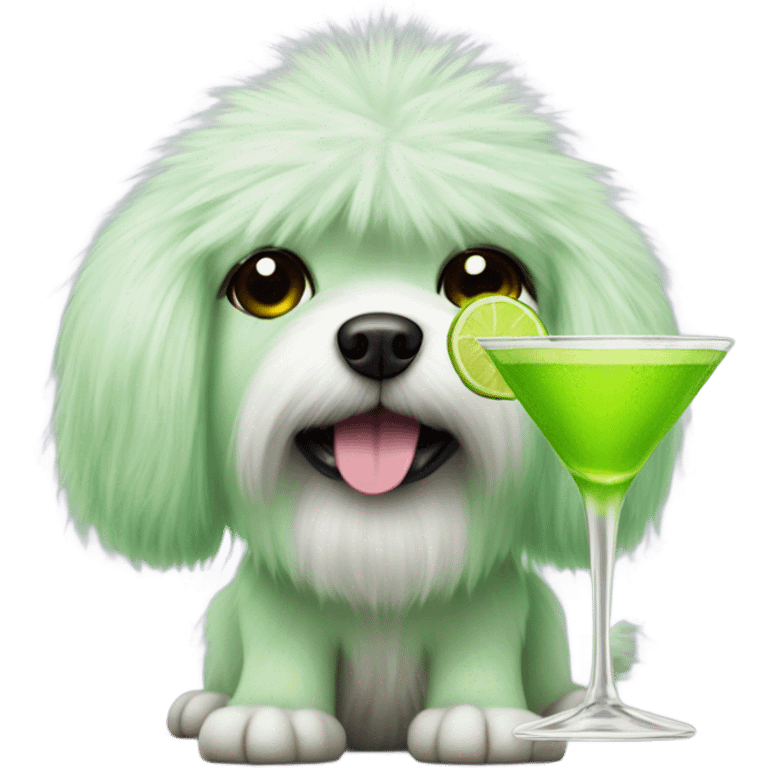 lime green fluffy dog with pointy ears with a martini emoji