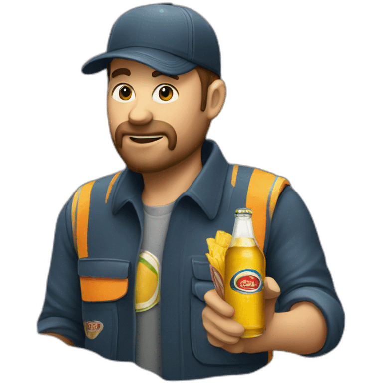 trucker drinking beer and eating chips emoji