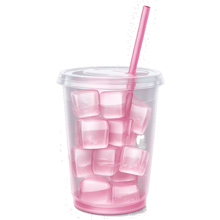 Realistic see through plastic cup and lid with half full Transluscent light pink soda,straw and large ice cubes inside. emoji