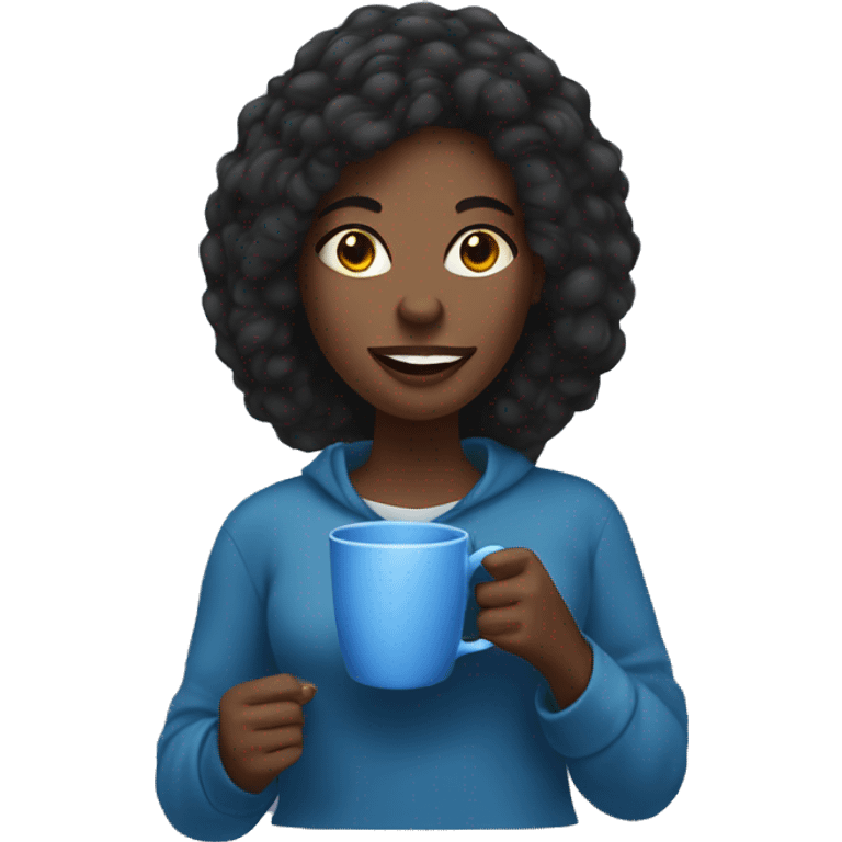 black woman, straight hair, holding blue mug of coffee with a cozy expression emoji