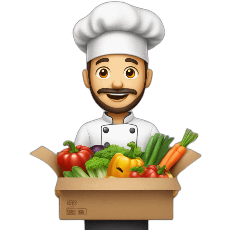 A CHEF WITH A SURPRISE BOX full of vegetables with no hat chef and a beard emoji