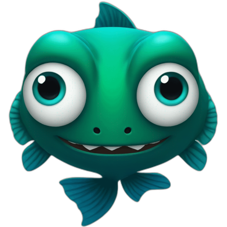 dark green fish with blue eyes with human  arms  instead of a fin emoji