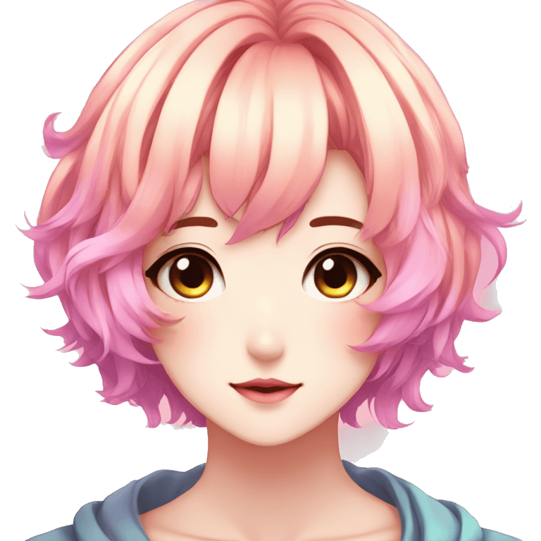 Gorgeous anime style shojo character with blushing face aesthetic and pretty colorful shiny gradient pastel hair trending style emoji