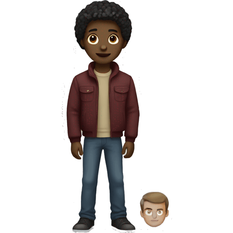 black boy, tight to the head black brown hair, brown eyes, brown jacket, burgundy sweater emoji