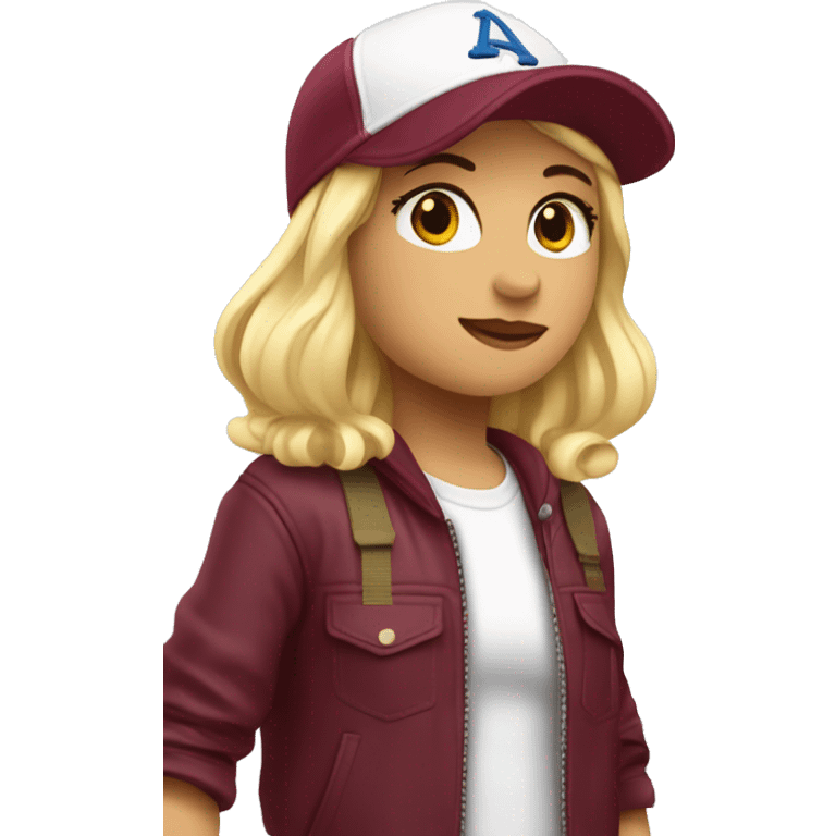 Blonde girl in burgundy baseball cap next to Eiffel Tower  emoji