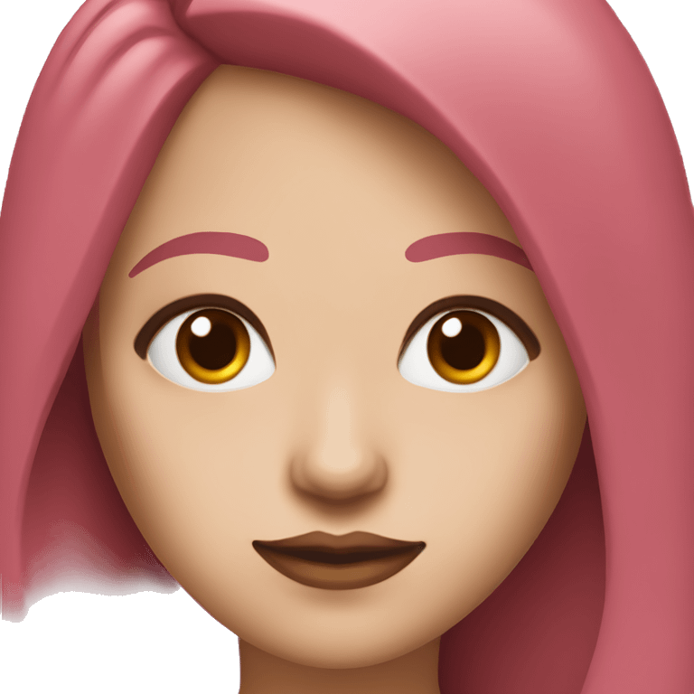 Woman with a white skin that has Long Dark red hair and brown eyes with an eyeliner and lashes coding on a pink macbook emoji