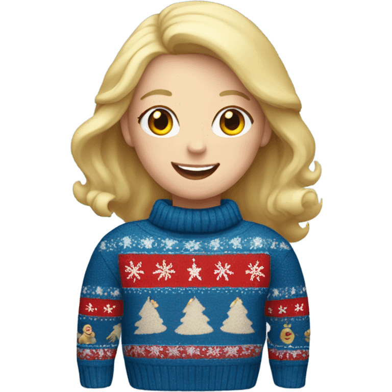 Happy white woman with blonde hair and  christmas jumper and blue jeans  emoji