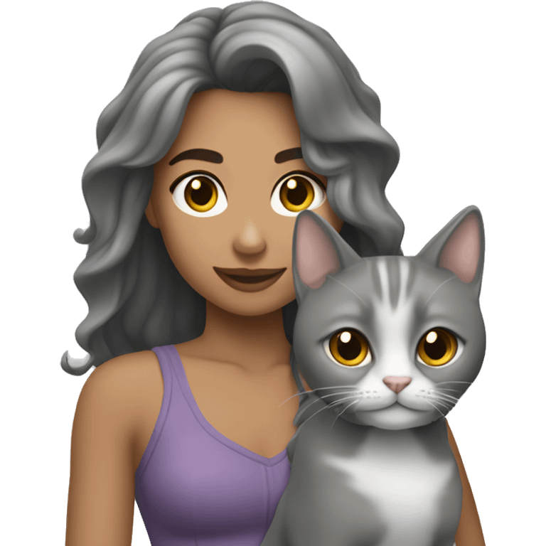 Una chica con su gata gris en brazos emoji