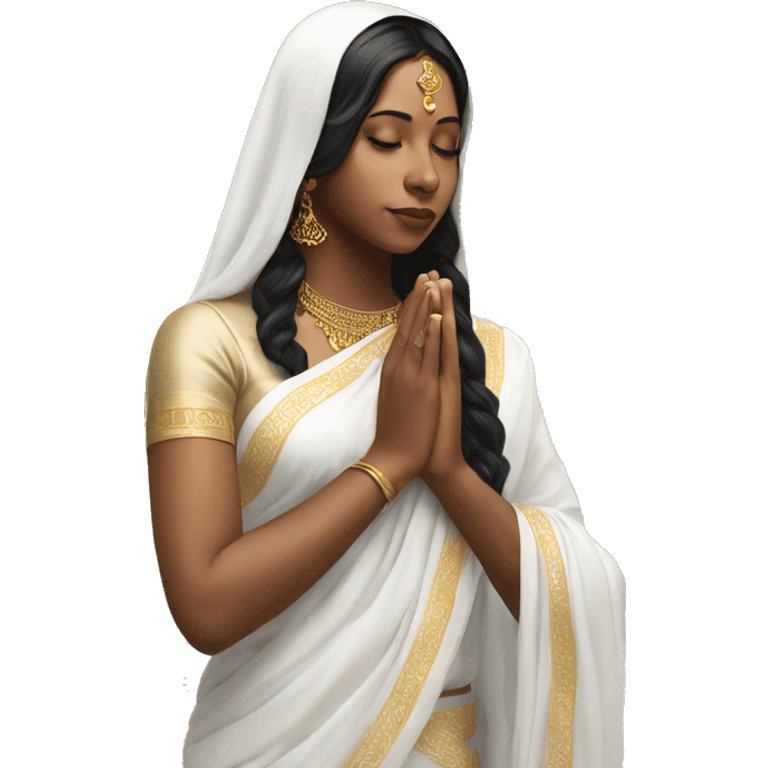 Light skin ;Black long hair wearing white saree praying infront a white temple emoji