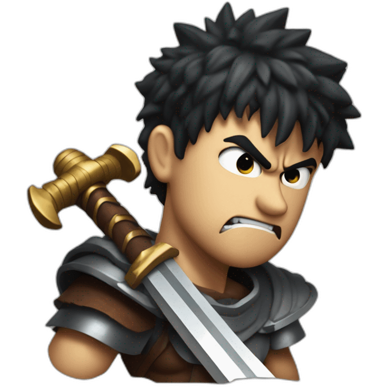 angry berserk guts carrying a huge sword on his shoulder framed on his bust emoji