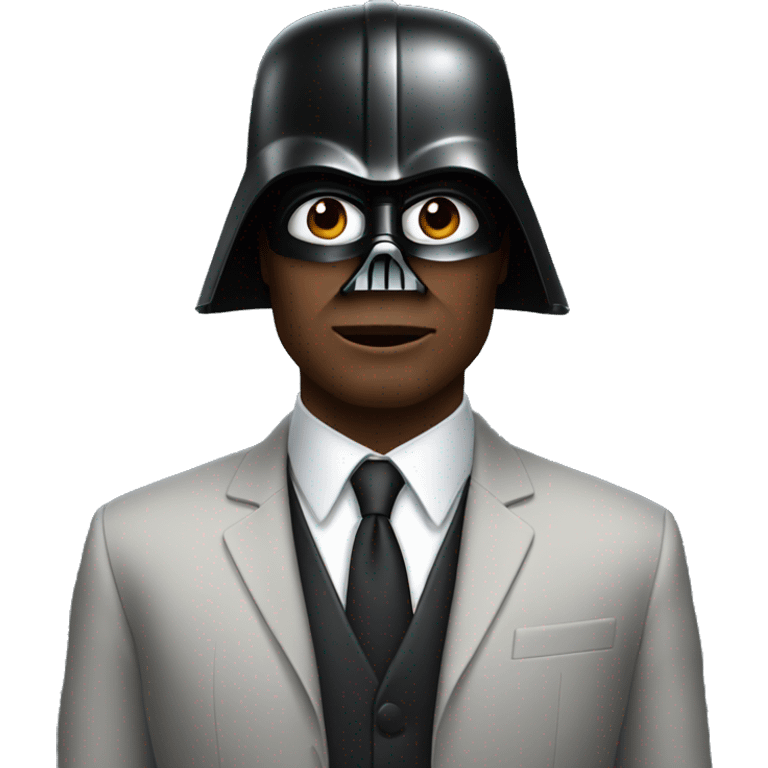 confident man in a suit with Darth Vader helmet on head emoji