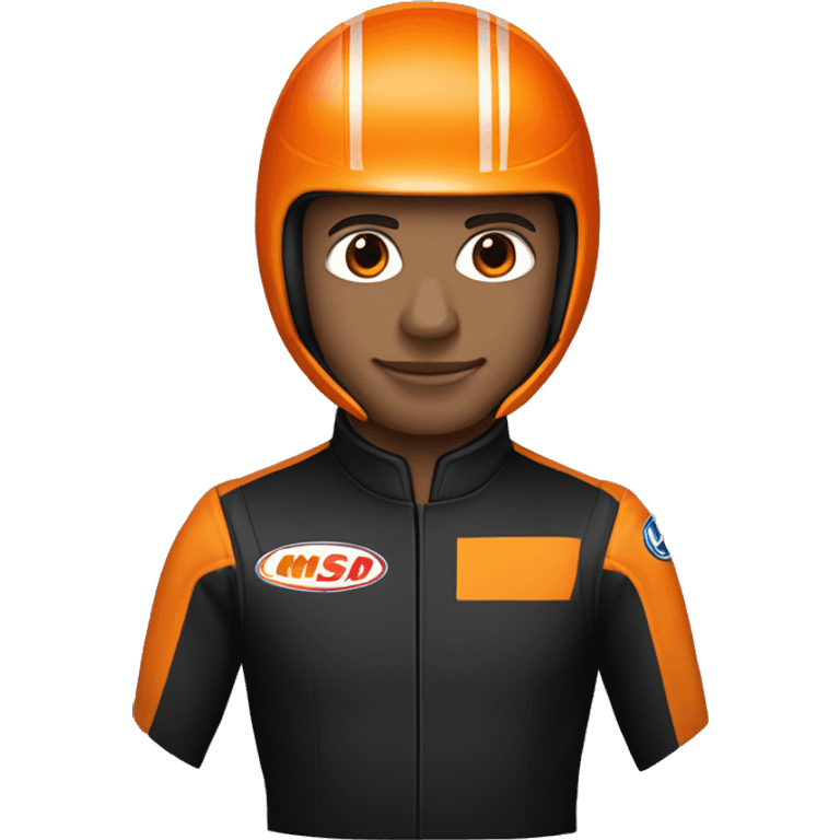 Head and shoulders of a race car driver wearing a black suit with orange stripes and a black helmet with an orange design  emoji