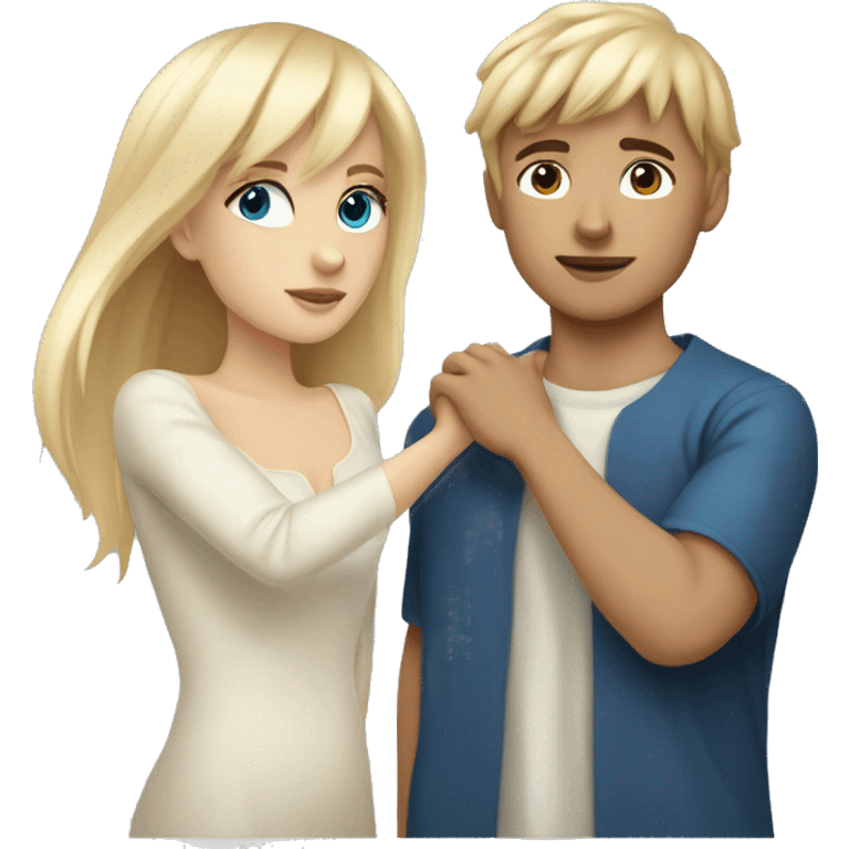 Girl with long back hair with bangs and tan skin kissing boy with blonde hair blue eyes and white skin emoji