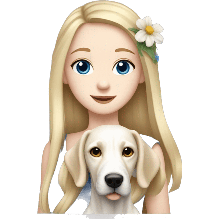 pale skin girl with blue eyes with long blonde hair that has a flower in her hair  holding a English pointer mixed with a lab dog breed the dog also has a flower in its hair emoji