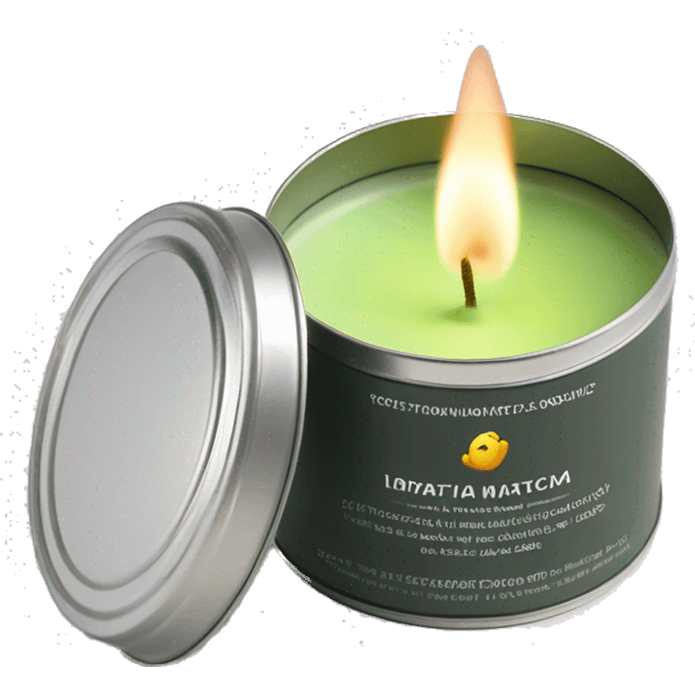 realistic, lit matcha scented candle, silver tin, small white label, text emoji