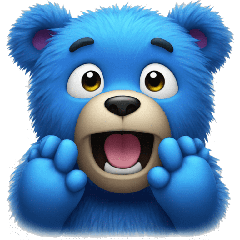 Blue fuzzy bear making a surprised face with hands on their face  emoji