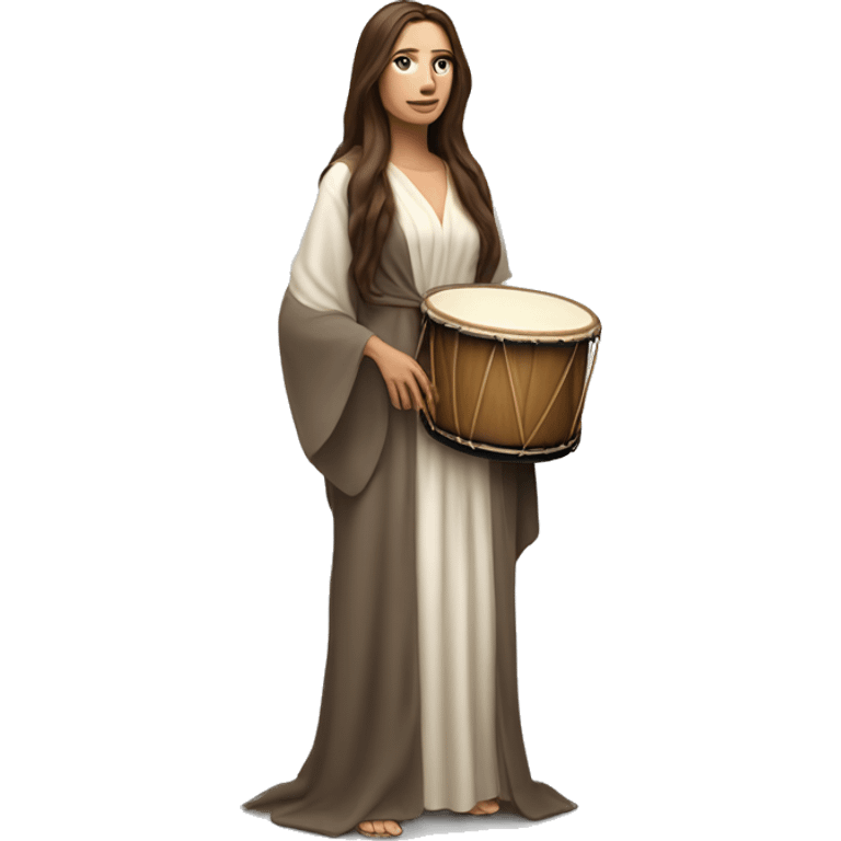 White woman standing with long flowing robes and long brown hair holding a bodrun drum emoji