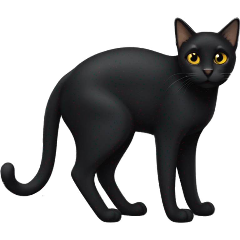 Petite, solid black cat with sleek short fur, light yellow eyes, and small black tufts at the very tips of her ears, blending in with her black fur. Full body, no white markings emoji