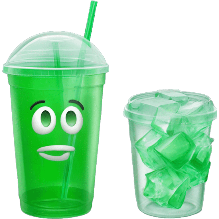 Realistic plastic cup and lid with Transluscent green soda and large ice cubes inside and one straw through the top of the lid. emoji