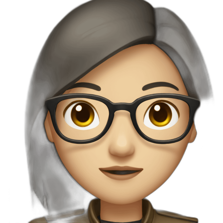 asian girl with glasses and a leather jacket with a  khaki shirt and long dark hair emoji