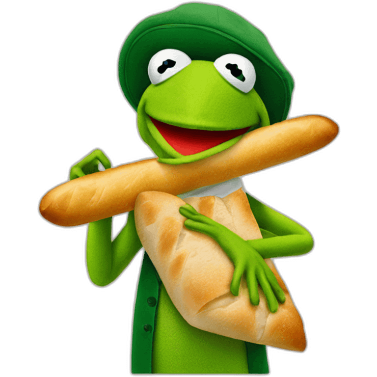 kermit the frog with a berret and a baguette emoji