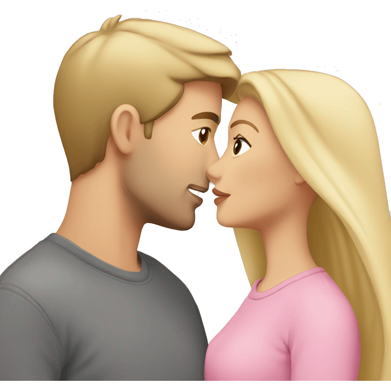 A beautiful blonde girl with brown eyes wearing a pink sweater. She’s kissing her boyfriend who is taller and white but with darker blonde hair with brown eyes and a white T-shirt. They are kissing emoji