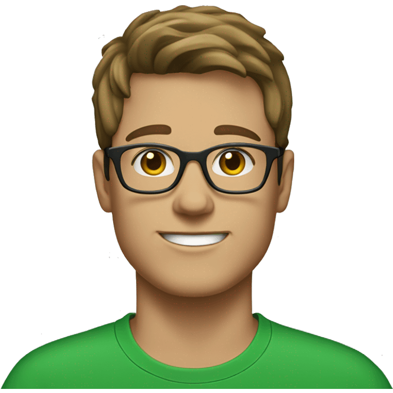 white young man with brown hair and square glasses wearing green t-shirt with laptop emoji