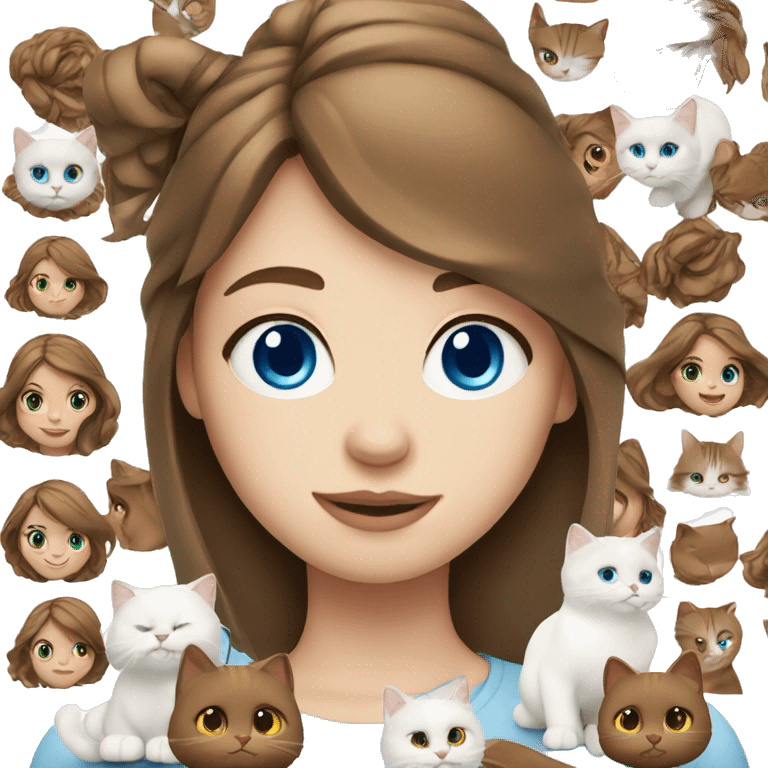 Girl brown hair with white cat has blue eyes emoji