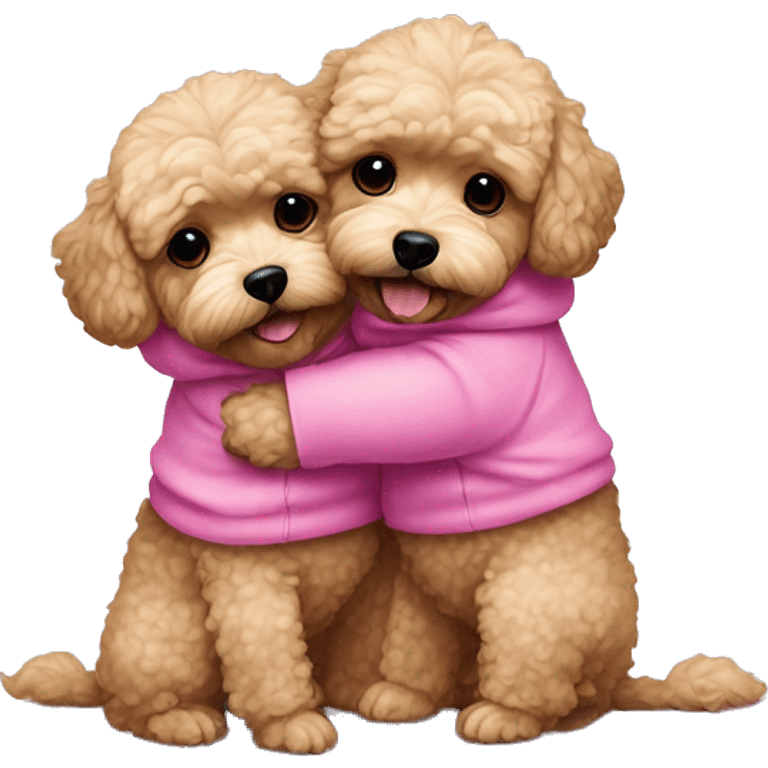 2 dark maltipoo dogs hugging, one wearing a pink sweatshirt and the other wearing a blue one emoji